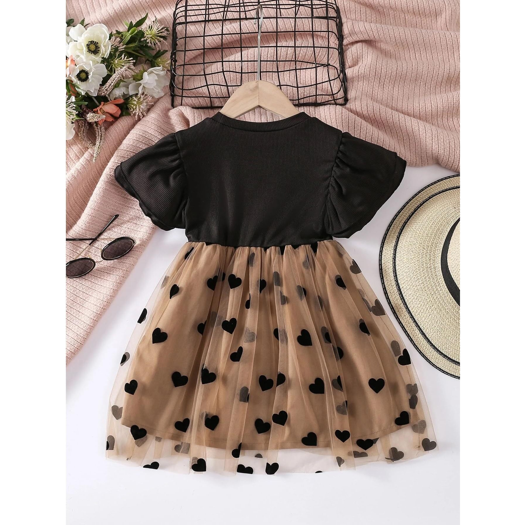 TAGAS Baby-Girl's Net A-Line Knee-Length Dress (KD-1122-BIG Heart-1_Brown(1) _12 Months-24 Months)