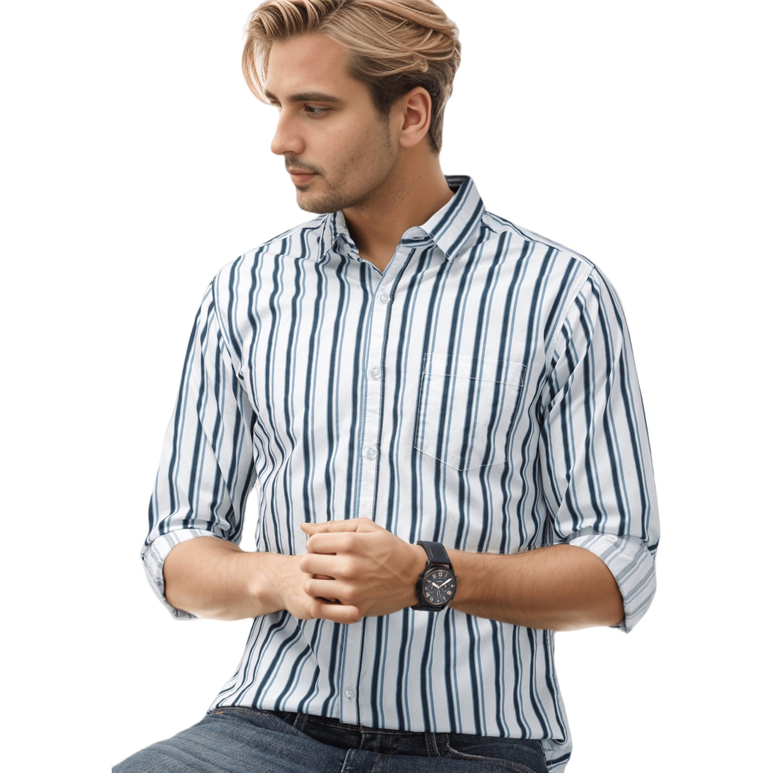 IndoPrimo Men's Western Fit Cotton Casual Bold Striped Shirt for Men Full Sleeves - Spelnder (X-Large, White Blue)