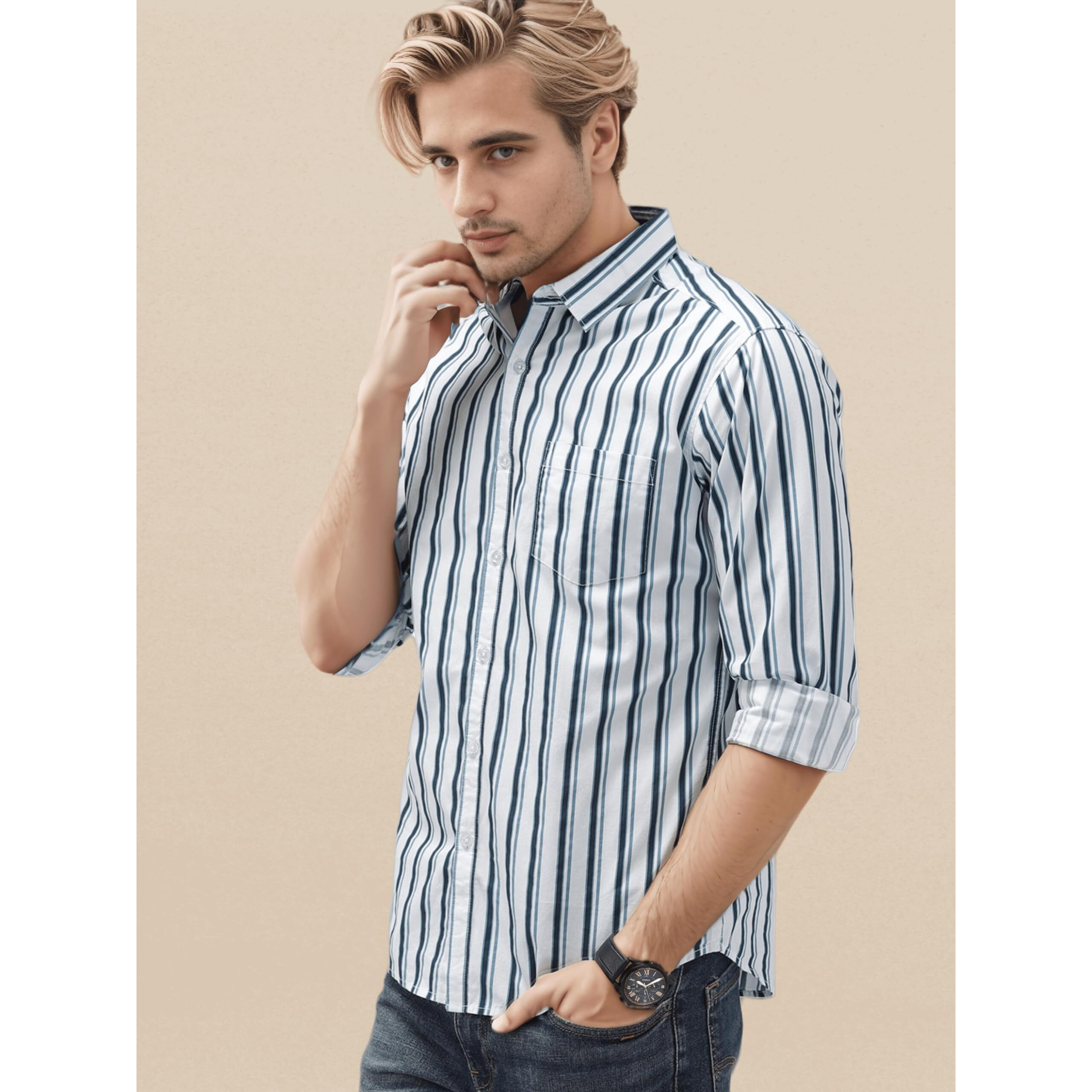 IndoPrimo Men's Western Fit Cotton Casual Bold Striped Shirt for Men Full Sleeves - Spelnder (X-Large, White Blue)
