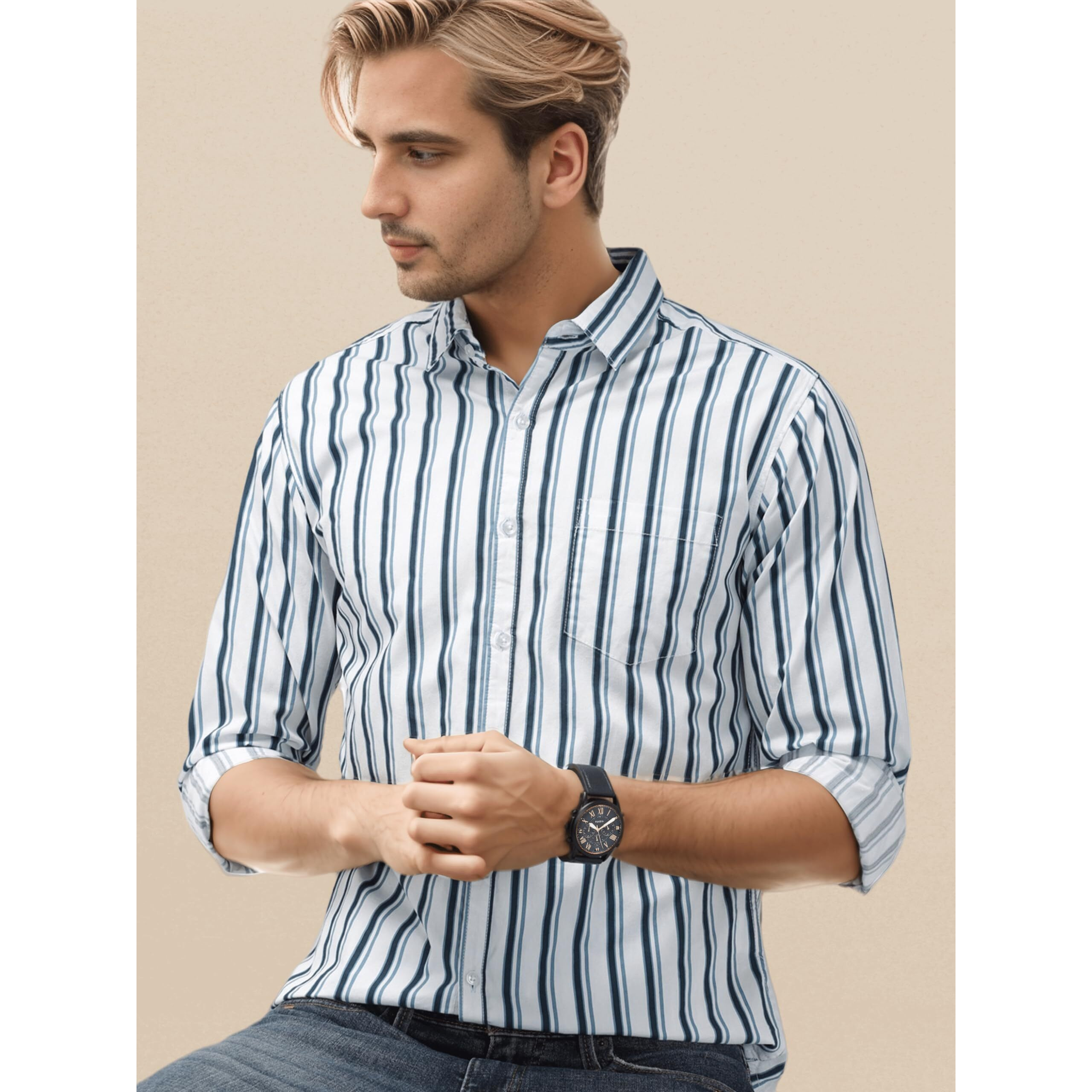 IndoPrimo Men's Western Fit Cotton Casual Bold Striped Shirt for Men Full Sleeves - Spelnder (X-Large, White Blue)
