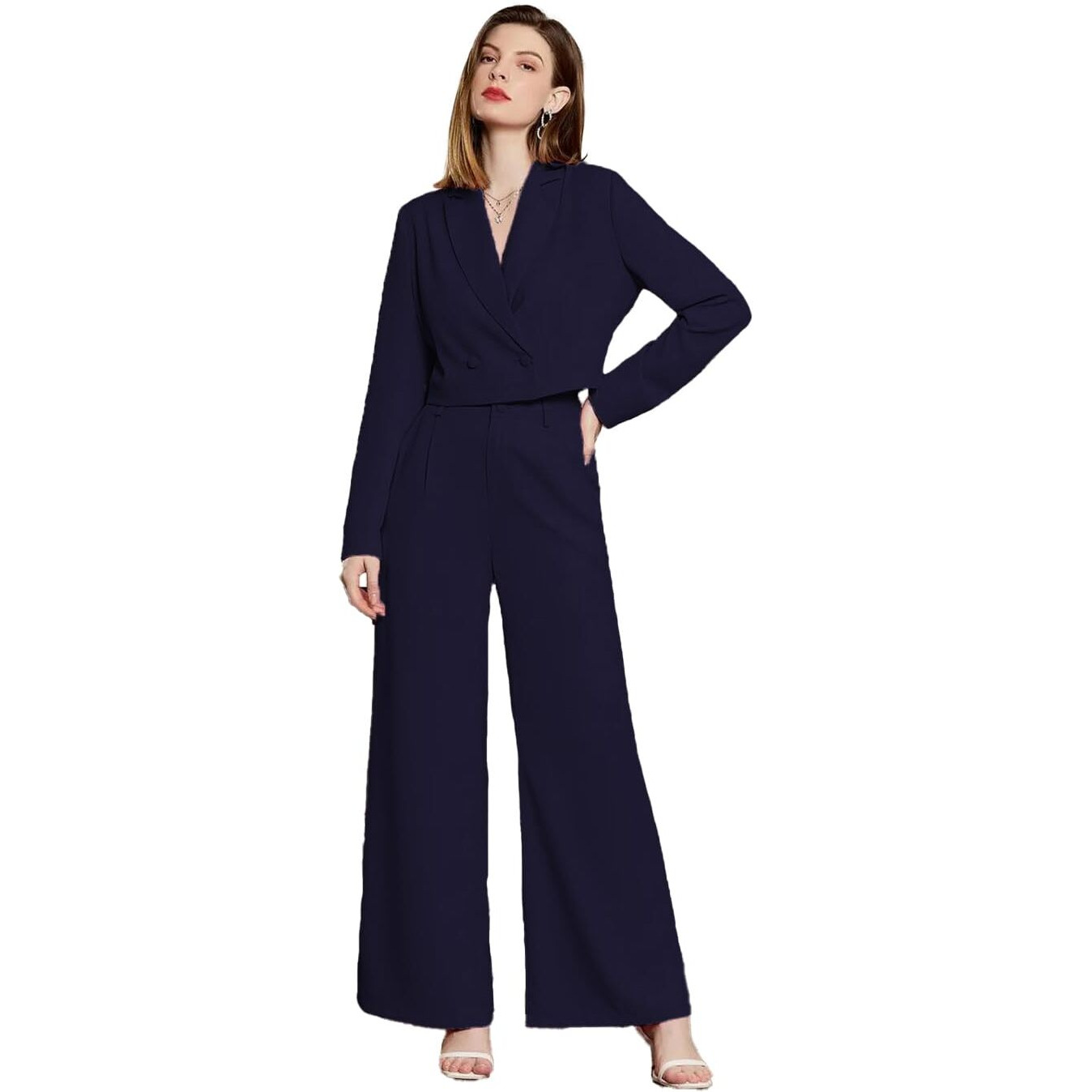 KOTTY Women's Solid Relaxed Fit Full Sleeve Co-ord Blazer and Trouser Set. Navy Blue