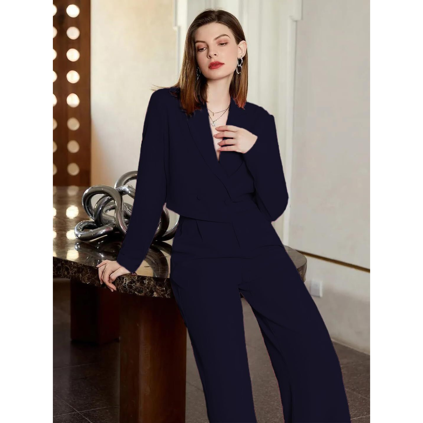 KOTTY Women's Solid Relaxed Fit Full Sleeve Co-ord Blazer and Trouser Set. Navy Blue