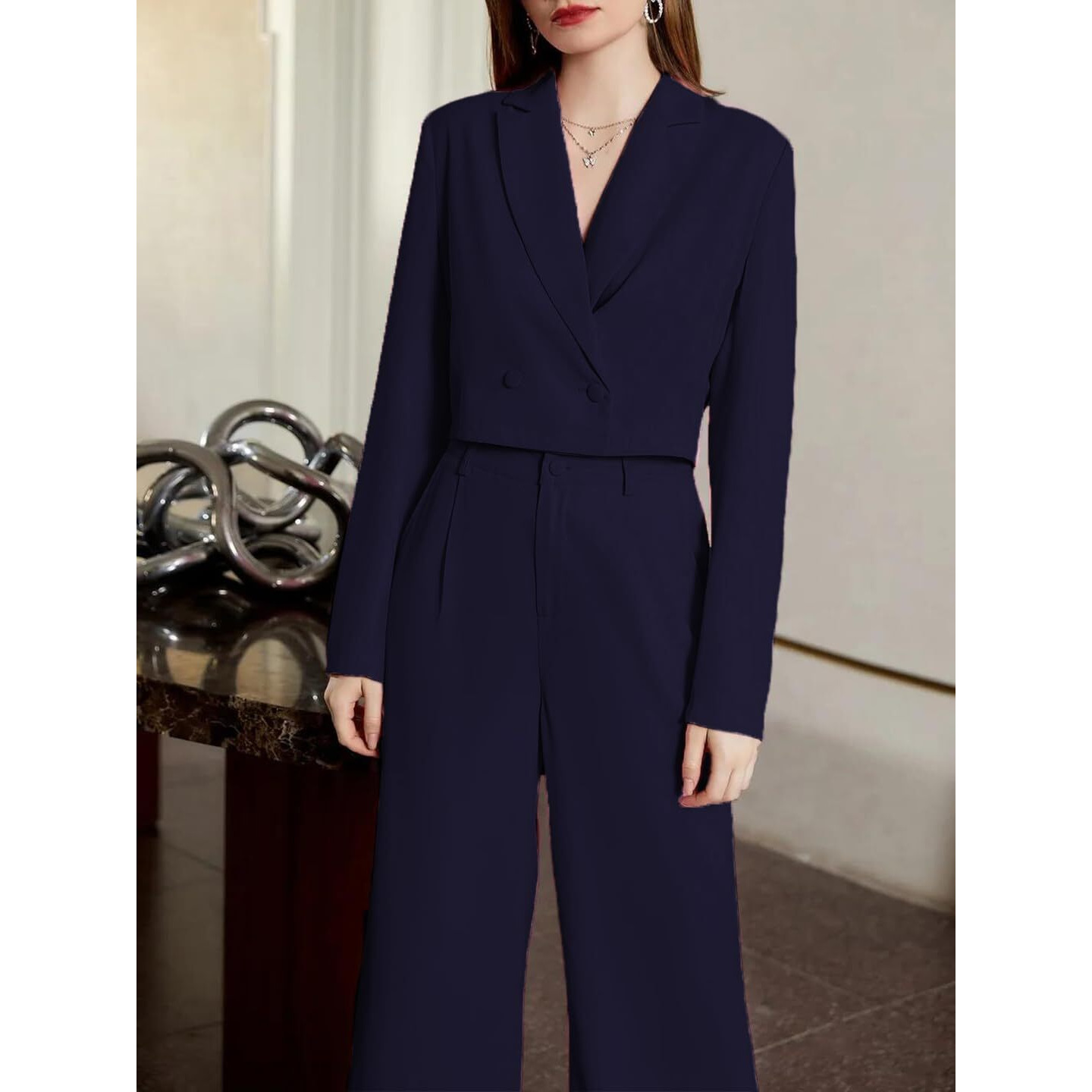 KOTTY Women's Solid Relaxed Fit Full Sleeve Co-ord Blazer and Trouser Set. Navy Blue