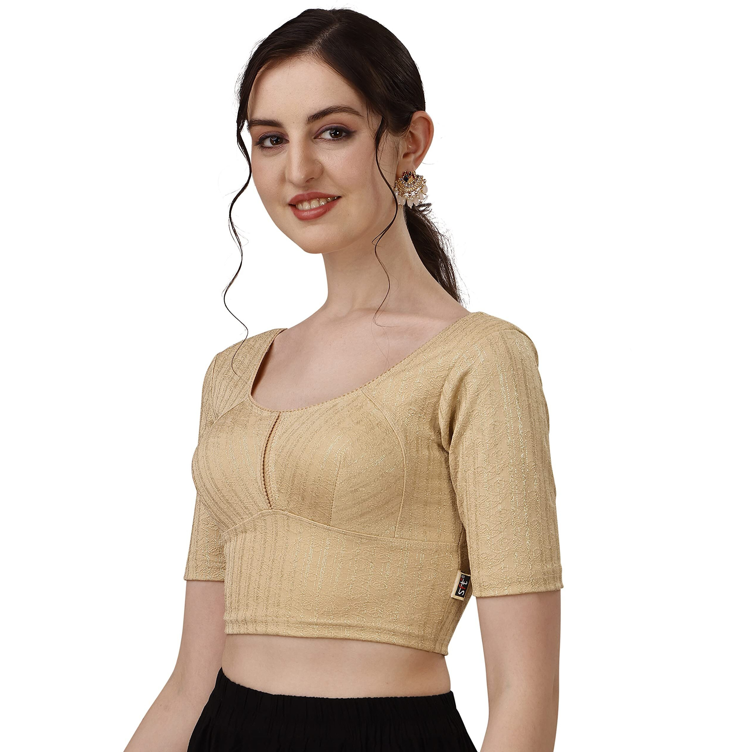 Sft Women's Cotton V Back Half Sleeve Readymade Stylish Elegant Stitched Blouse (423 Arya Skin - XL)