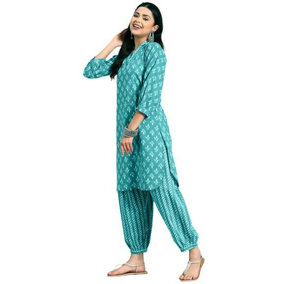 LookMark Women's Trendy Printed Cotton Blend Straight Kurta and Afghani Pant Set Perfect For Casual and Office Wear (AZ-LM-OG-KS2070 RAMA-M)