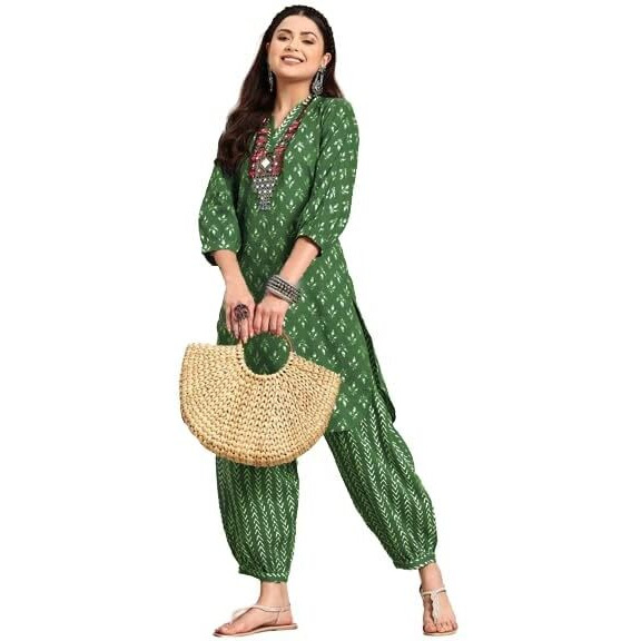LookMark Women's Trendy Printed Cotton Blend Straight Kurta and Afghani Pant Set Perfect For Casual and Office Wear (AZ-LM-OG-KS2070 GREEN-S)