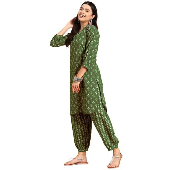 LookMark Women's Trendy Printed Cotton Blend Straight Kurta and Afghani Pant Set Perfect For Casual and Office Wear (AZ-LM-OG-KS2070 GREEN-S)