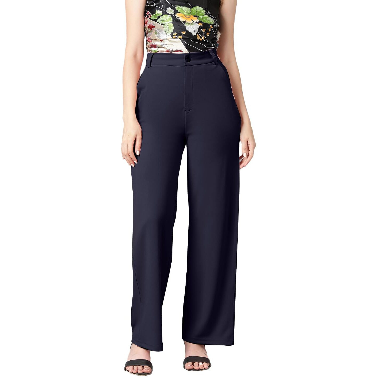 KOTTY Women's High Rise Cotton Blend Relaxed Fit Trousers Navy Blue