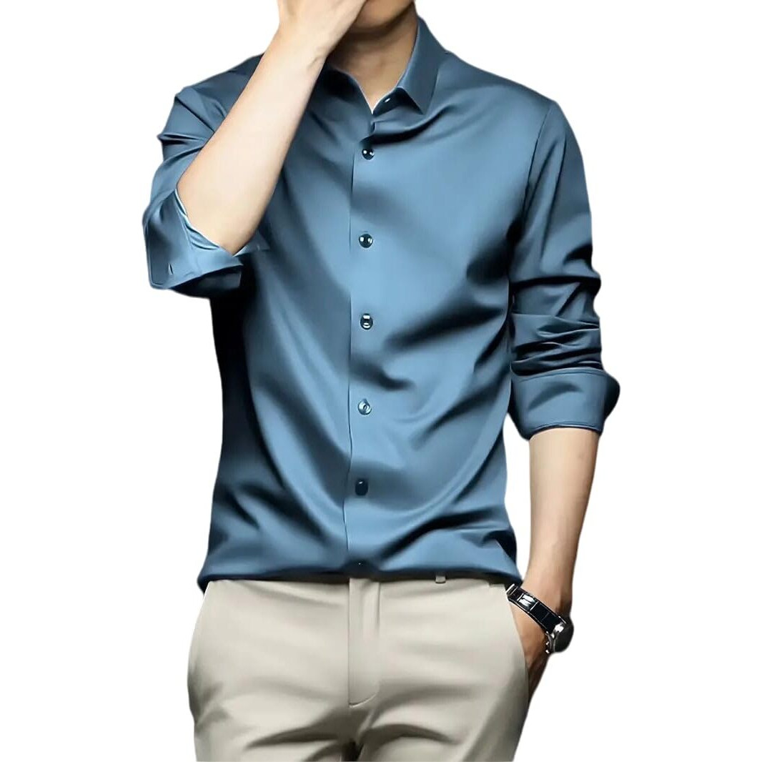 IndoPrimo Men's Stylish Solid Satin Casual Shirt for Men Full Sleeve (in, Alpha, XL, Regular, Airblue)