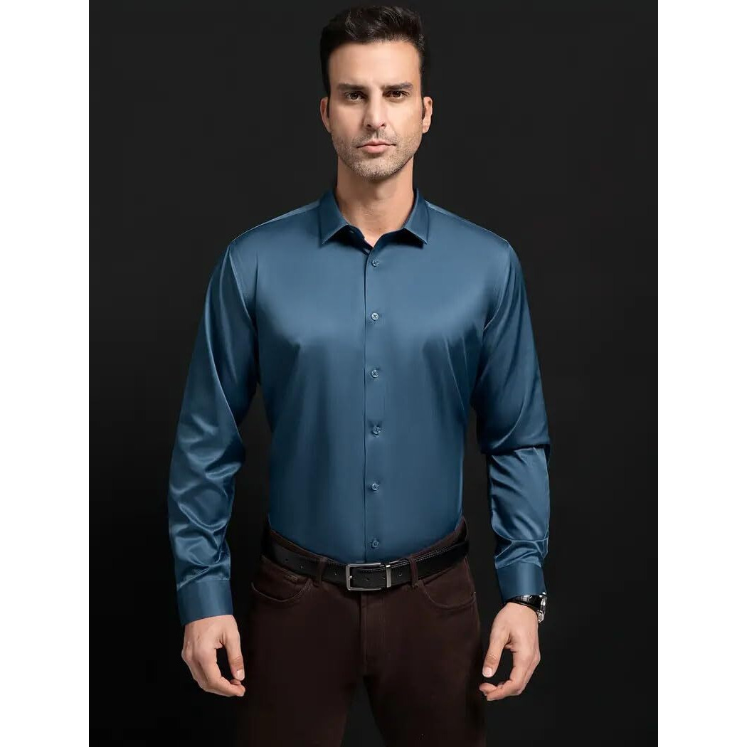 IndoPrimo Men's Stylish Solid Satin Casual Shirt for Men Full Sleeve (in, Alpha, XL, Regular, Airblue)