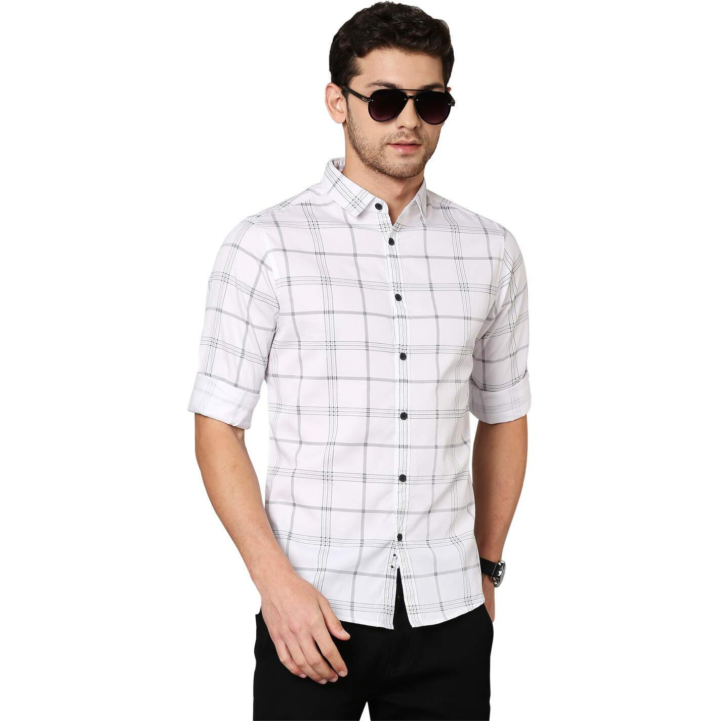 Dennis Lingo Men's Checkered White Slim Fit Cotton Casual Shirt (AZ751_White_M)
