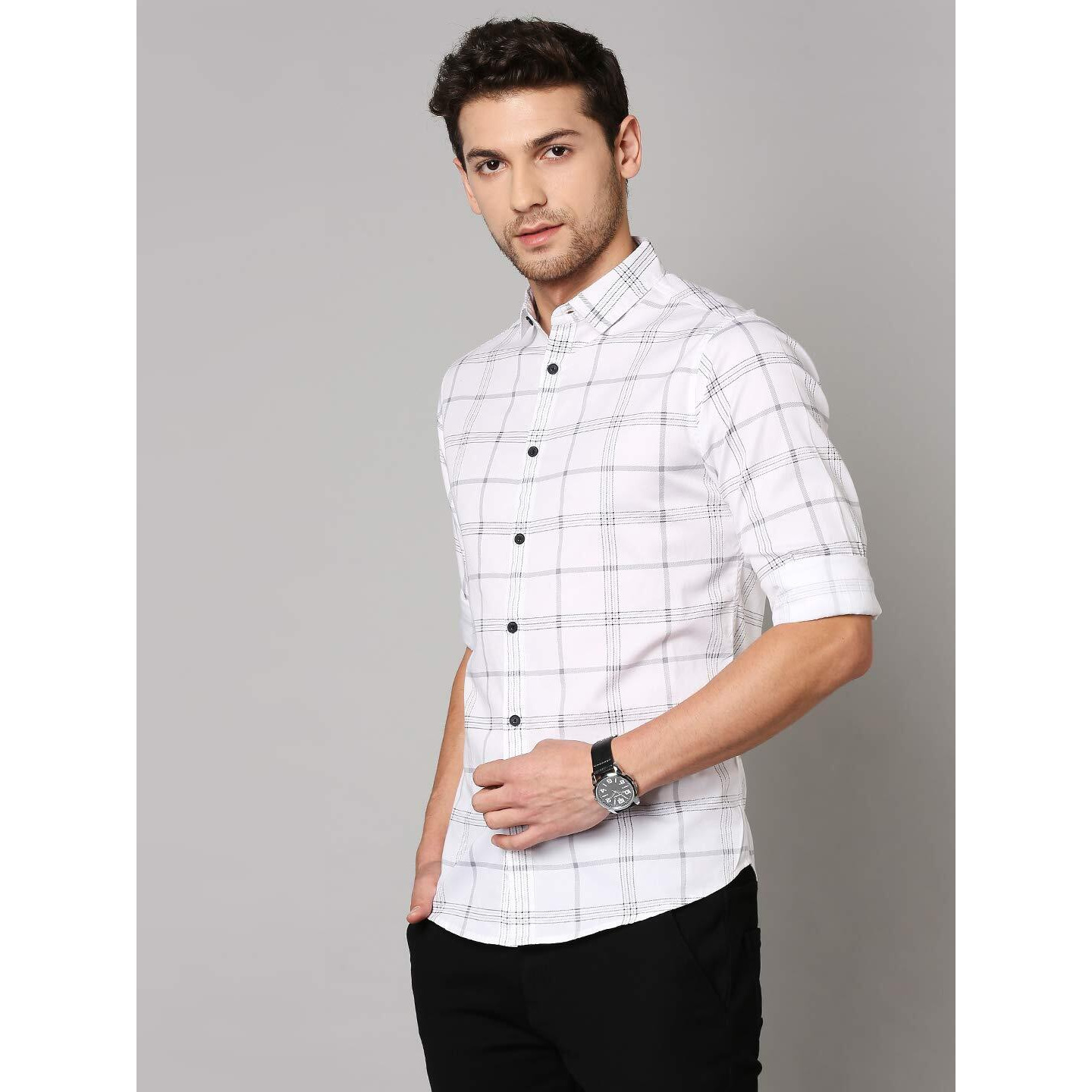 Dennis Lingo Men's Checkered White Slim Fit Cotton Casual Shirt (AZ751_White_M)