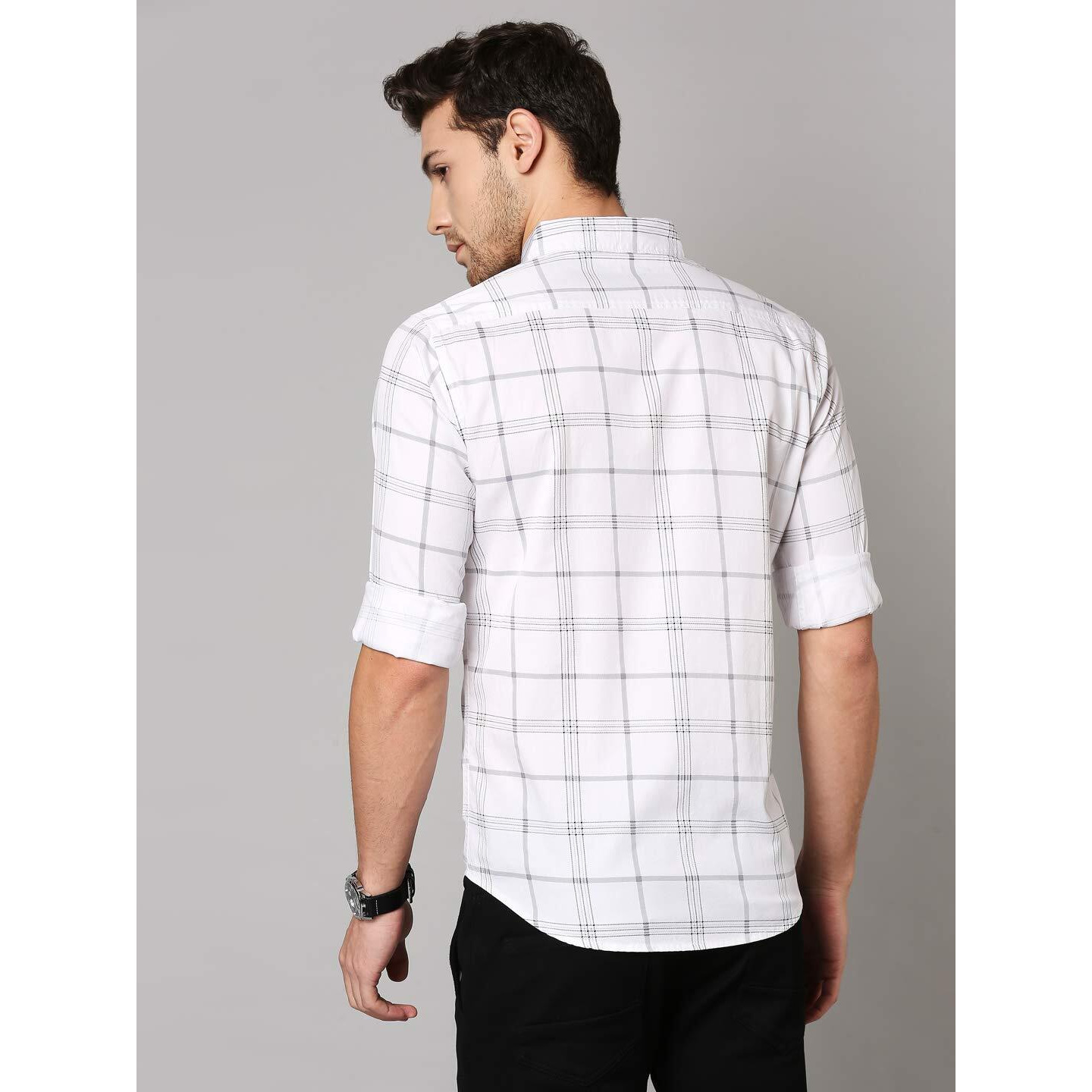 Dennis Lingo Men's Checkered White Slim Fit Cotton Casual Shirt (AZ751_White_M)