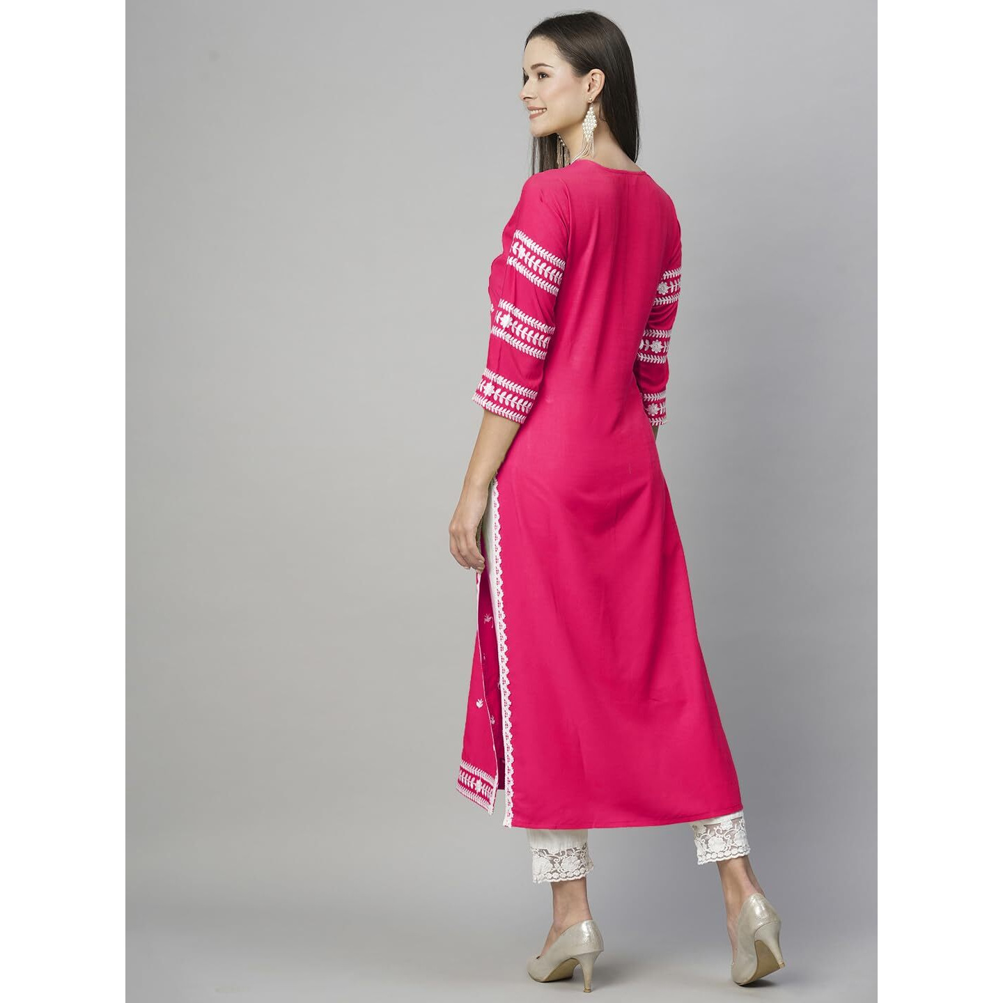 GoSriKi Women's Cotton Blend Chikankari Embroidered Straight Kurta (STHO-Pink-GS_M_Pink_Medium)