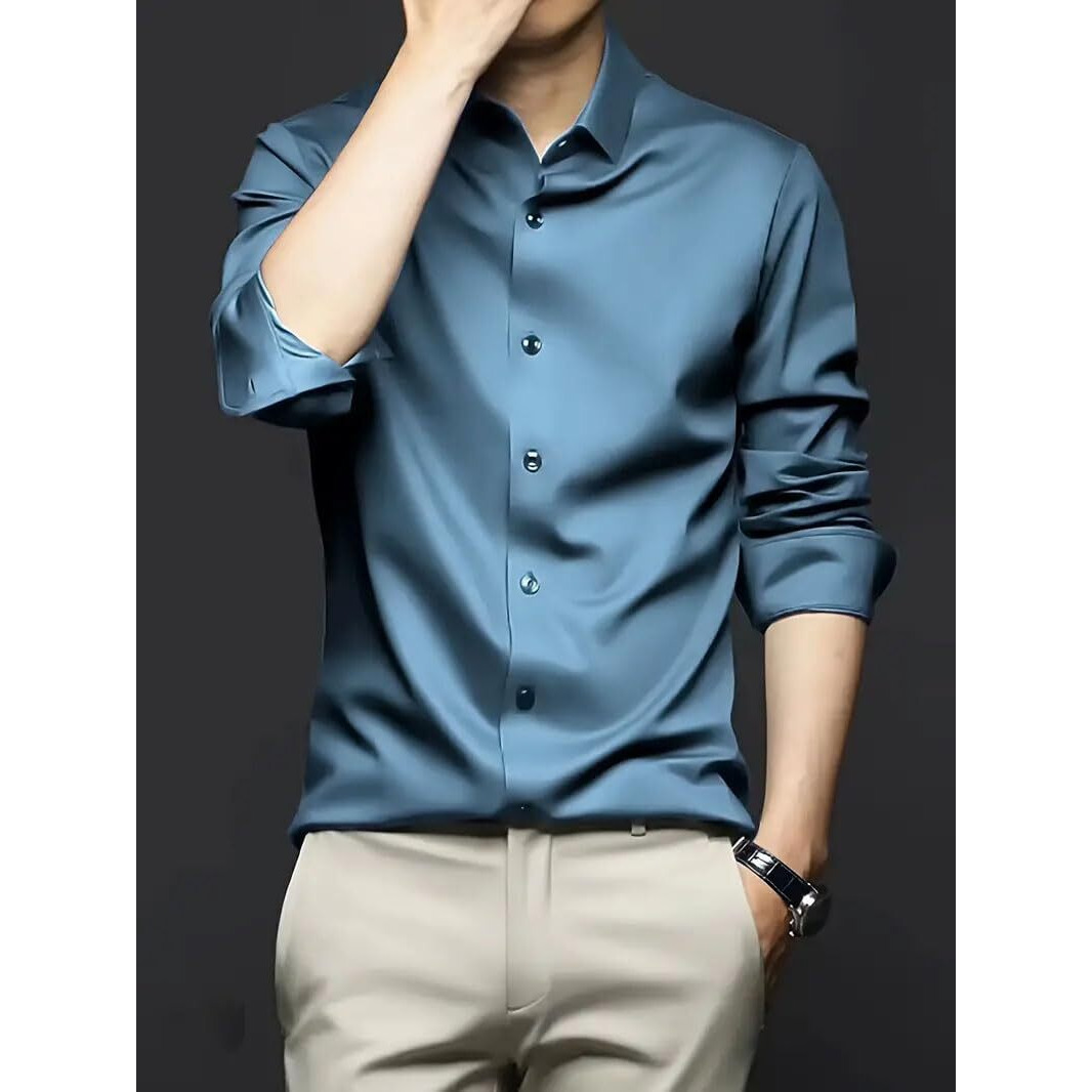 IndoPrimo Men's Stylish Solid Satin Casual Shirt for Men Full Sleeve (in, Alpha, M, Regular, Airblue)