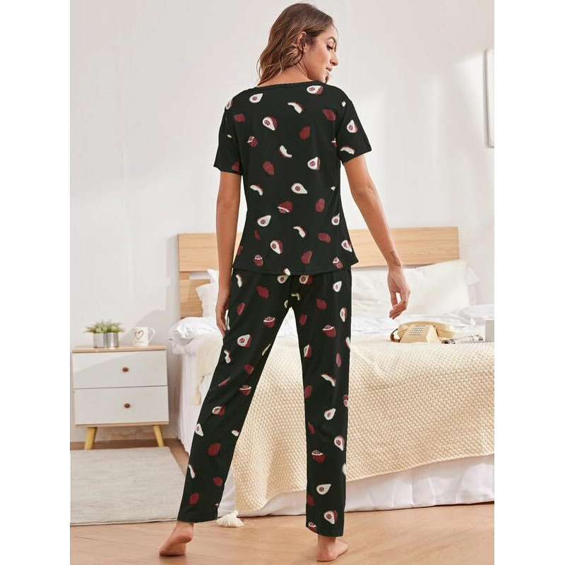 SMOWKLY Printed Round Neck Short Sleeve Nightsuit Set | Pajama Set | Night Dress for Women (1641_BK_L) Dark Black