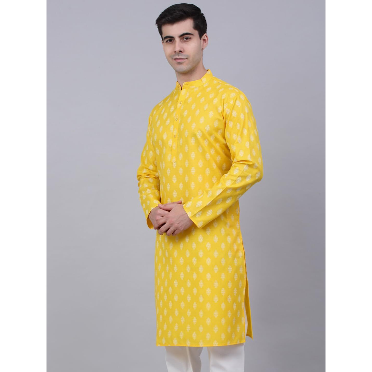 Jompers Men's Cotton Floral Printed Kurtas (Lemon, XL)