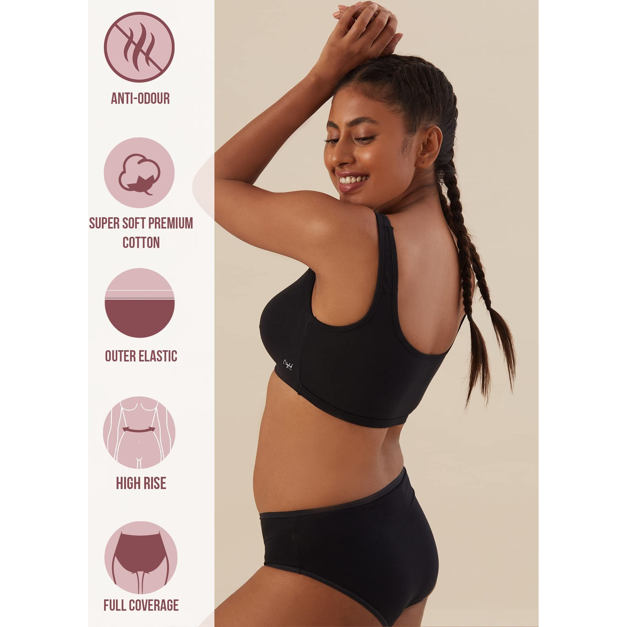 NYKD Cotton Anti-Microbial Panties for Women, Seamless, High Rise, Full Brief, Stretch Full Rear Coverage with Inner Elastic Panty (Combo Pack of 3) Full Brief, NYP036, All Black, L, 1N