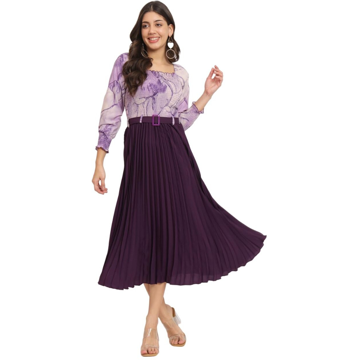 KZULLY Women's Knee-Length A-Line Dress with Pleats, Has an Square Neck, Printed Top Comes with A Belt Purple
