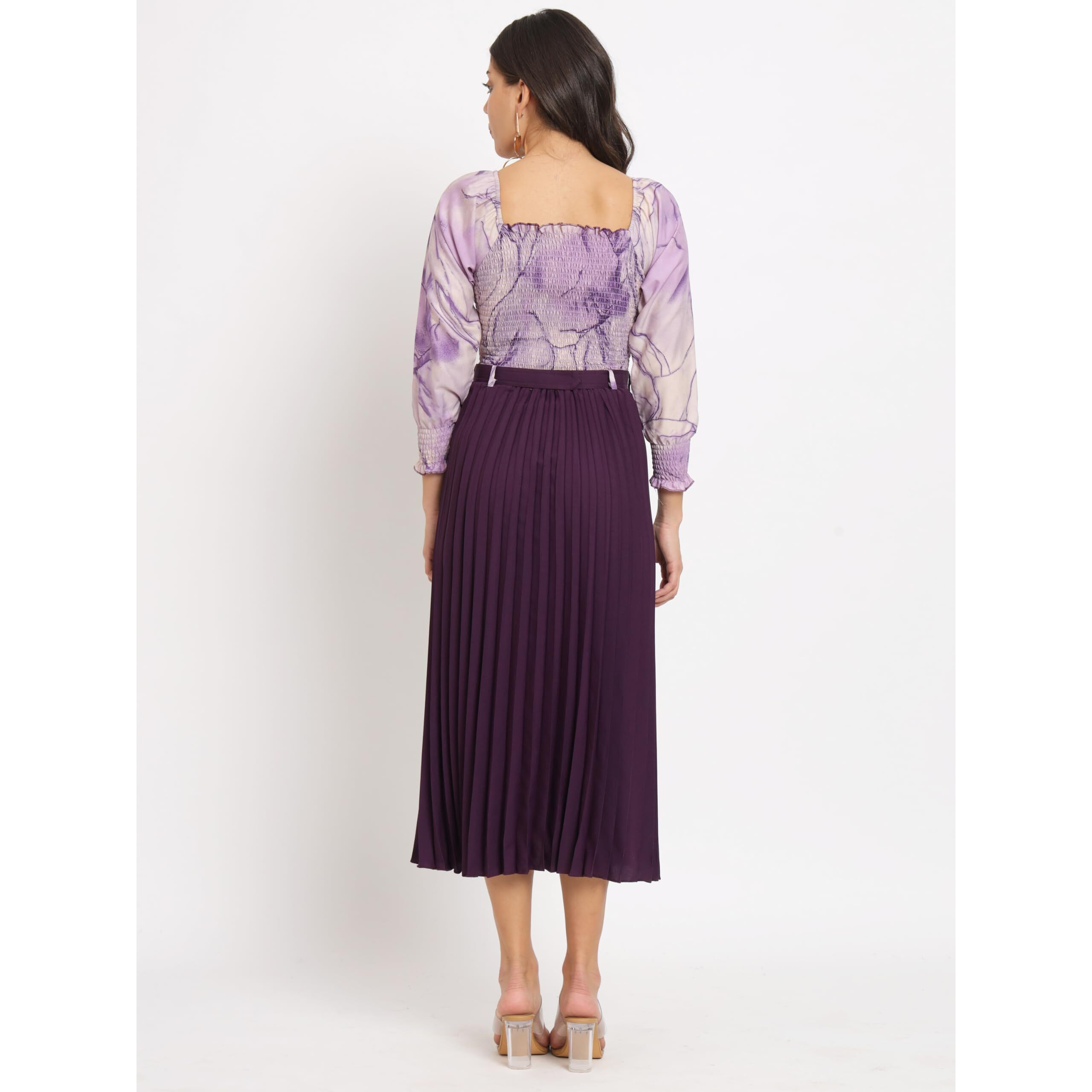 KZULLY Women's Knee-Length A-Line Dress with Pleats, Has an Square Neck, Printed Top Comes with A Belt Purple