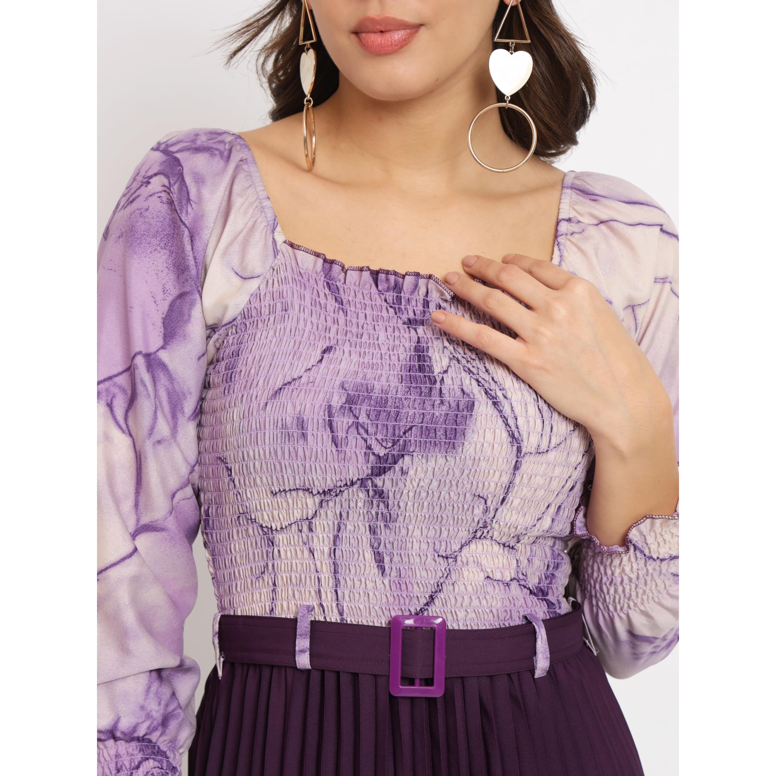KZULLY Women's Knee-Length A-Line Dress with Pleats, Has an Square Neck, Printed Top Comes with A Belt Purple