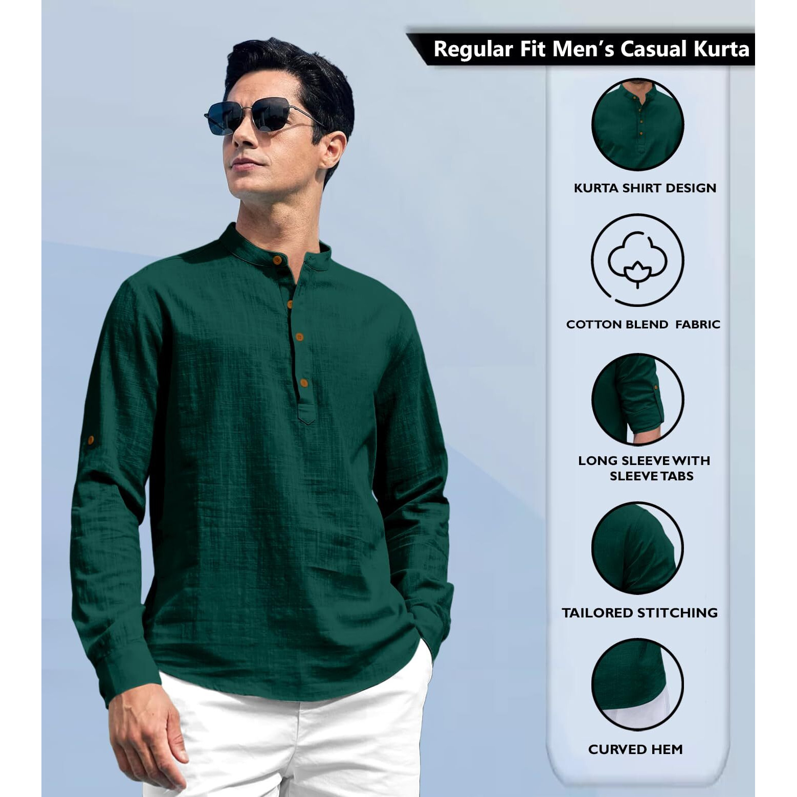 Zombom Cotton Blend Solid Casual Regular Fit Mandarin/Chinese Collor Short Kurta for Men Green