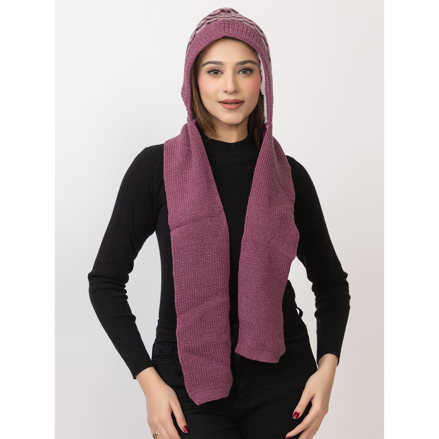 AMOLDO Women's Winter Woolen Warm Soft Knitted Designer Muffler Beanie Cap with Fleece | Fur Printed Woolen Hat with Attached Scarf for Cold Weather (in, Alpha, Free Size, Purple)