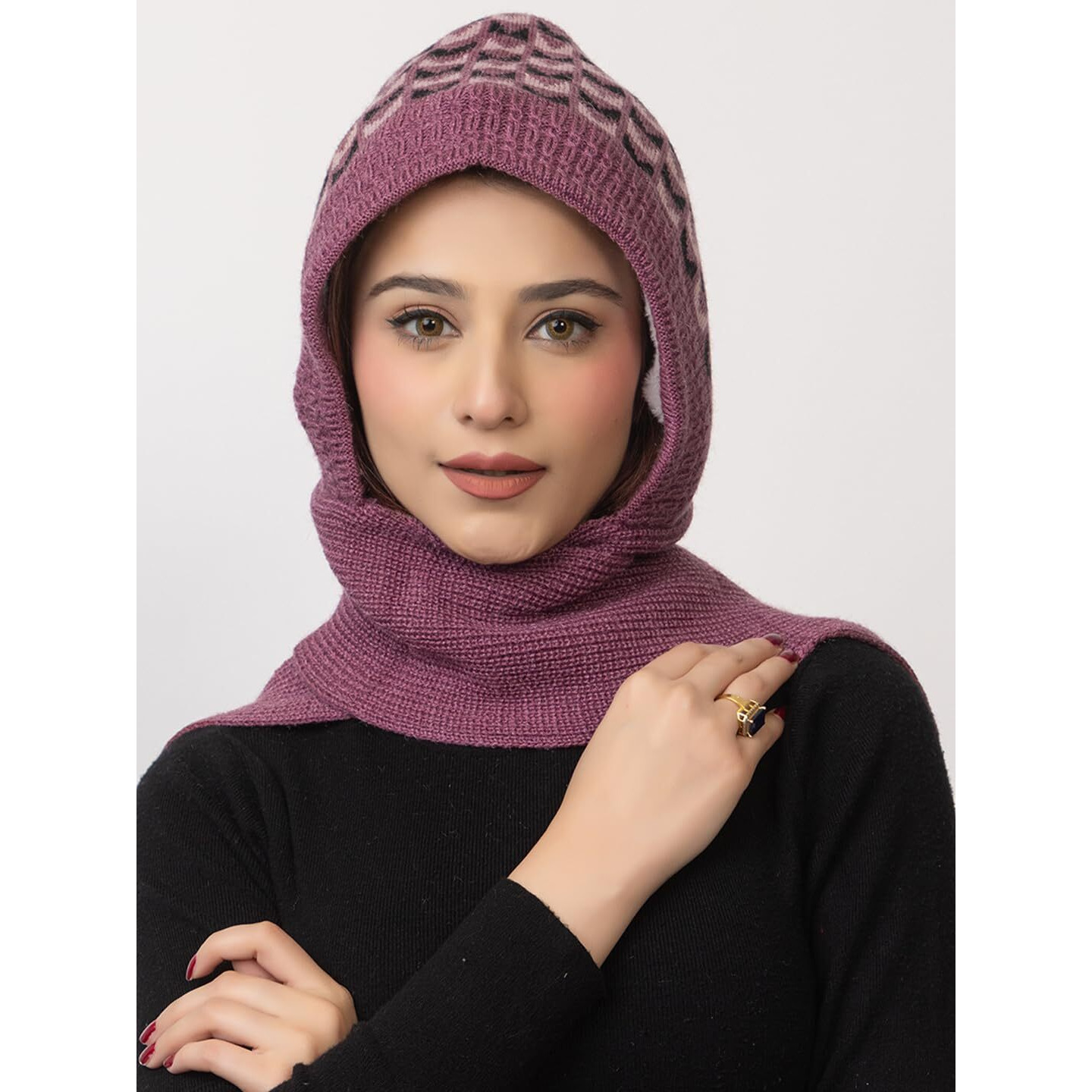 AMOLDO Women's Winter Woolen Warm Soft Knitted Designer Muffler Beanie Cap with Fleece | Fur Printed Woolen Hat with Attached Scarf for Cold Weather (in, Alpha, Free Size, Purple)