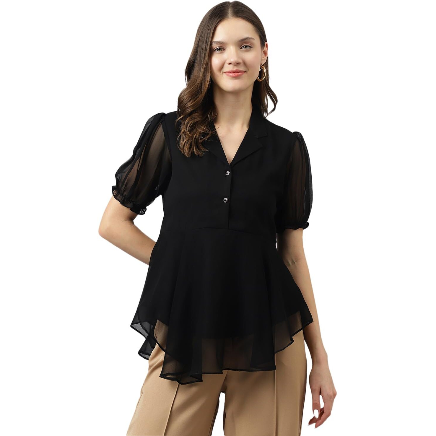 KERI PERRY Women's Black Georgette Solid Flared Western Top | Winter Top | Western Top | Top for Women | Latest Women Top | Trendy Women Top