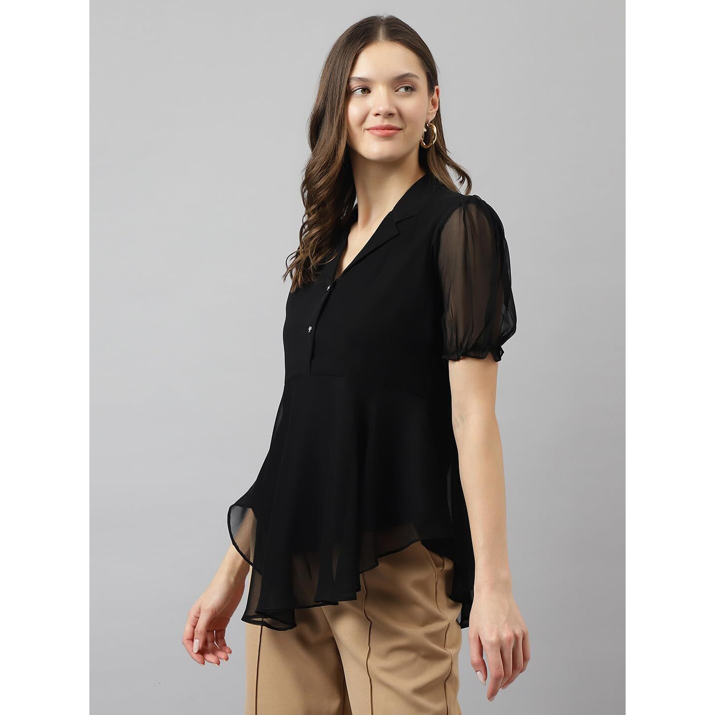 KERI PERRY Women's Black Georgette Solid Flared Western Top | Winter Top | Western Top | Top for Women | Latest Women Top | Trendy Women Top