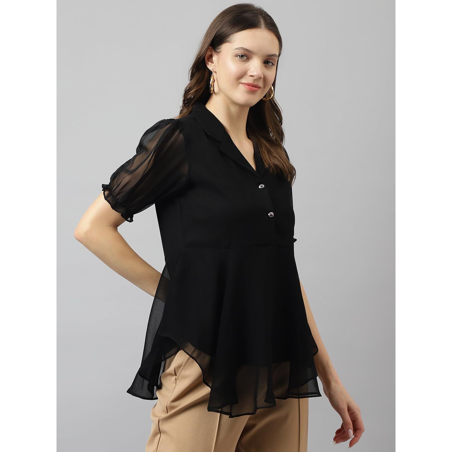 KERI PERRY Women's Black Georgette Solid Flared Western Top | Winter Top | Western Top | Top for Women | Latest Women Top | Trendy Women Top