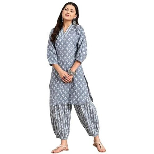 LookMark Women's Trendy Printed Cotton Blend Straight Grey Color Kurta and Afghani Pant Set (KS2070-XL)