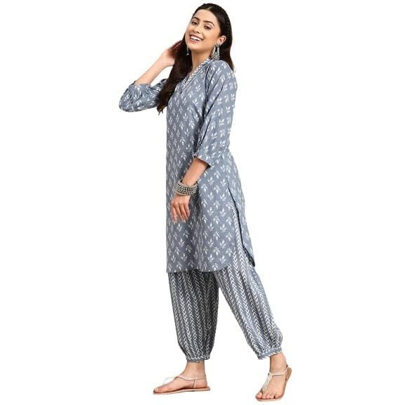 LookMark Women's Trendy Printed Cotton Blend Straight Grey Color Kurta and Afghani Pant Set (KS2070-XL)