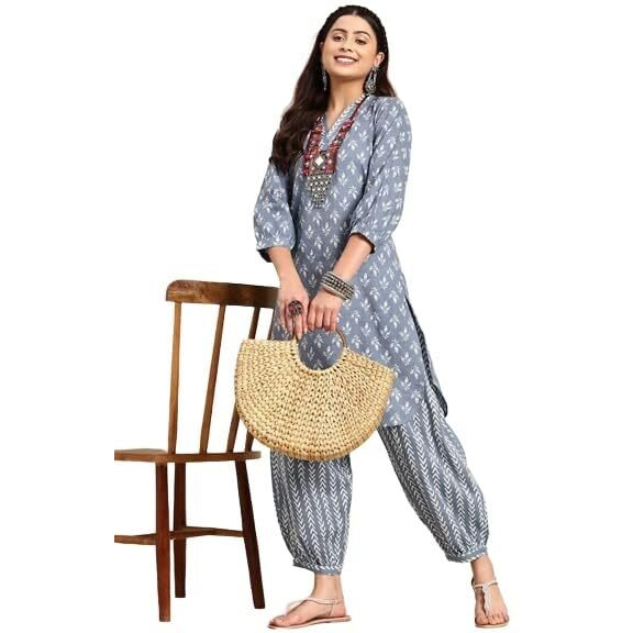 LookMark Women's Trendy Printed Cotton Blend Straight Grey Color Kurta and Afghani Pant Set (KS2070-XL)