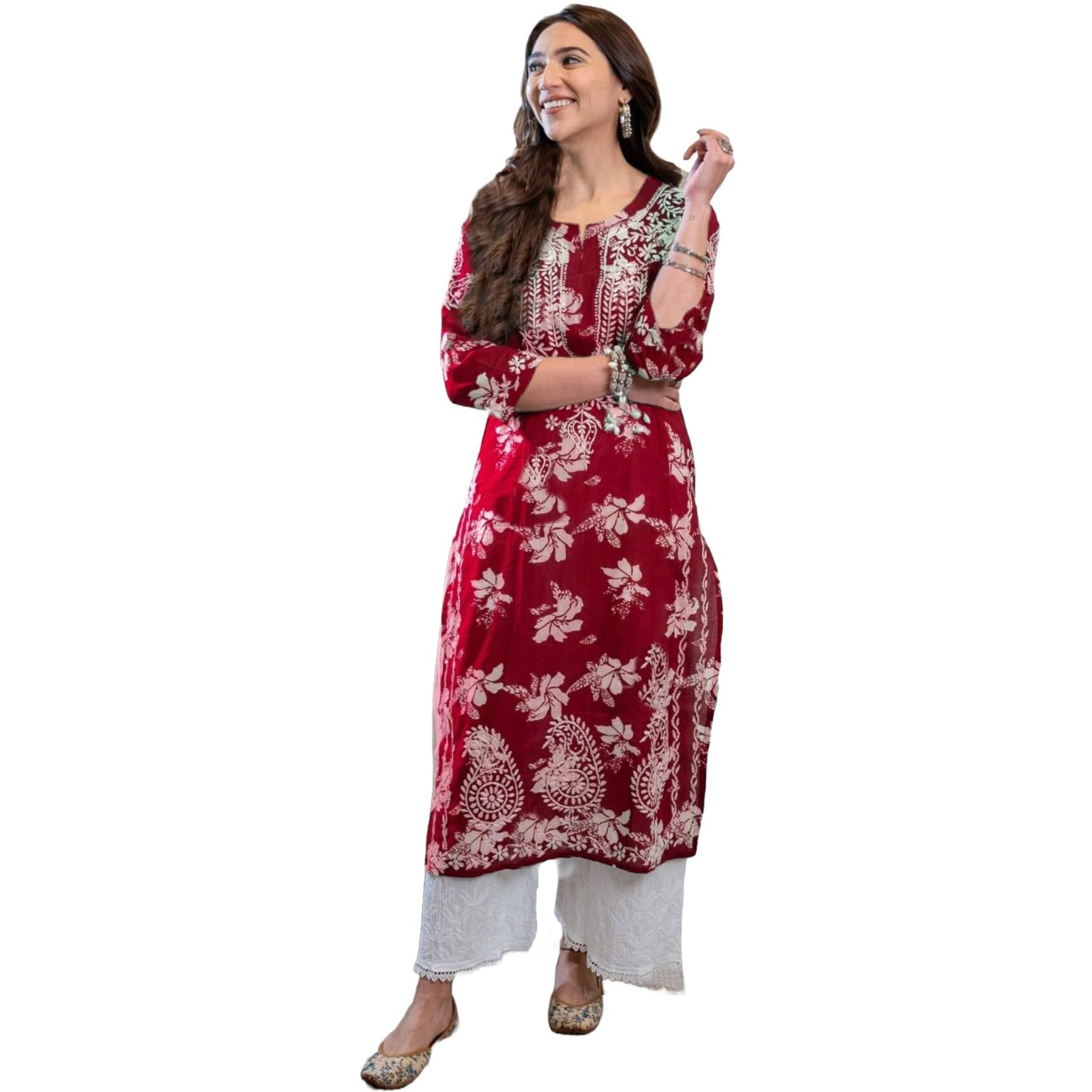 GoSriKi Women's Rayon Blend Chikankari Embroidered Straight Kurta (SCEROS Pink-GS_L_Pink_Large)