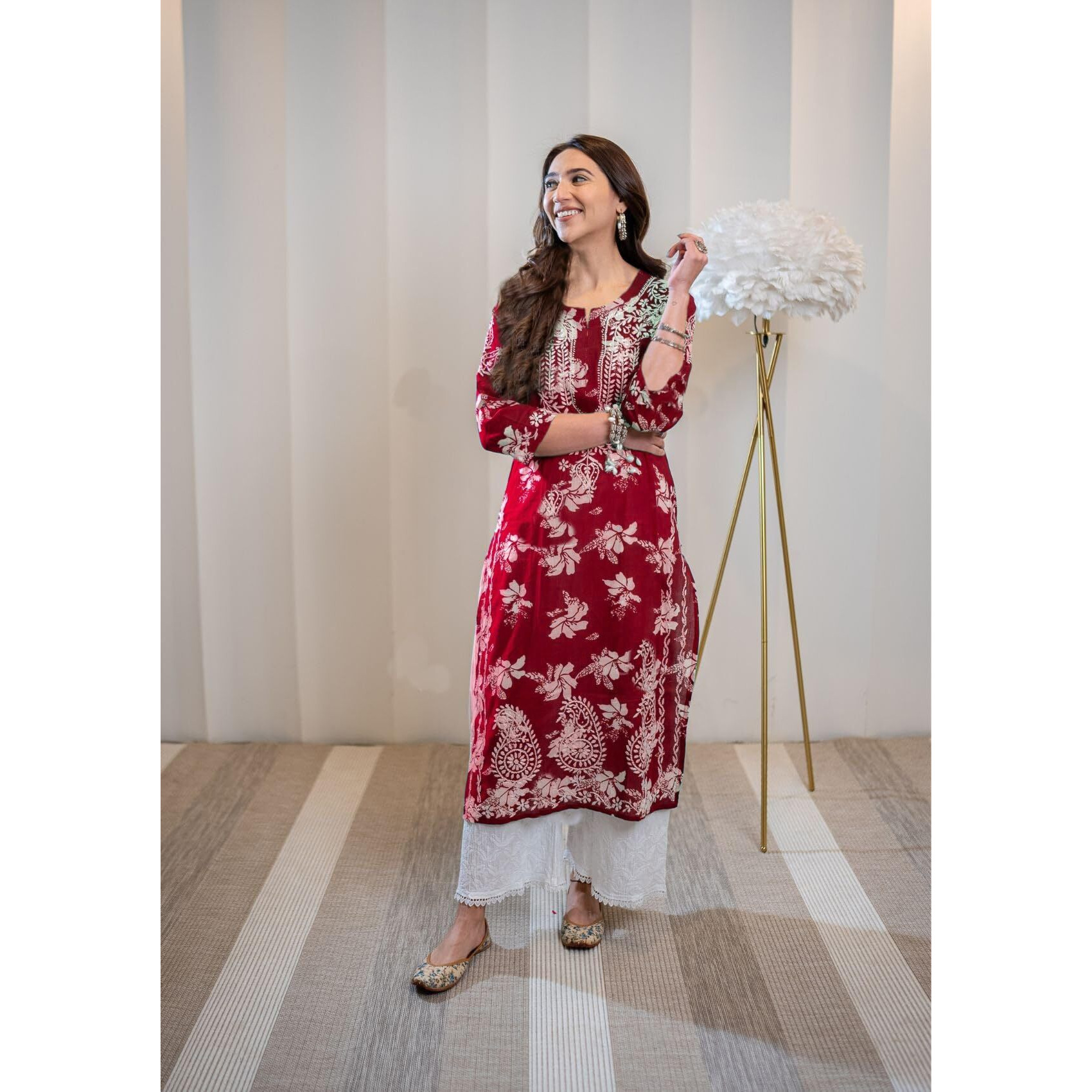 GoSriKi Women's Rayon Blend Chikankari Embroidered Straight Kurta (SCEROS Pink-GS_L_Pink_Large)