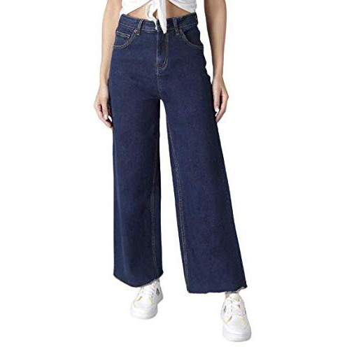 KOTTY Womens High Rise Cotton Lycra Clean Look Ankle Length Flared Denim Jeans Blue