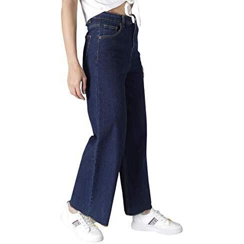 KOTTY Womens High Rise Cotton Lycra Clean Look Ankle Length Flared Denim Jeans Blue