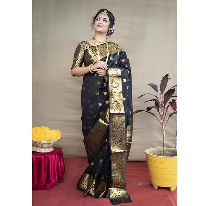 Yashika Women's Zari Woven Cotton Silk Jacquard Saree with Unstitched Blouse Material (AZ-YS-OG1-JYOTIKA Black