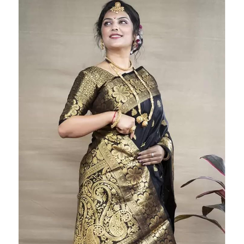 Yashika Women's Zari Woven Cotton Silk Jacquard Saree with Unstitched Blouse Material (AZ-YS-OG1-JYOTIKA Black