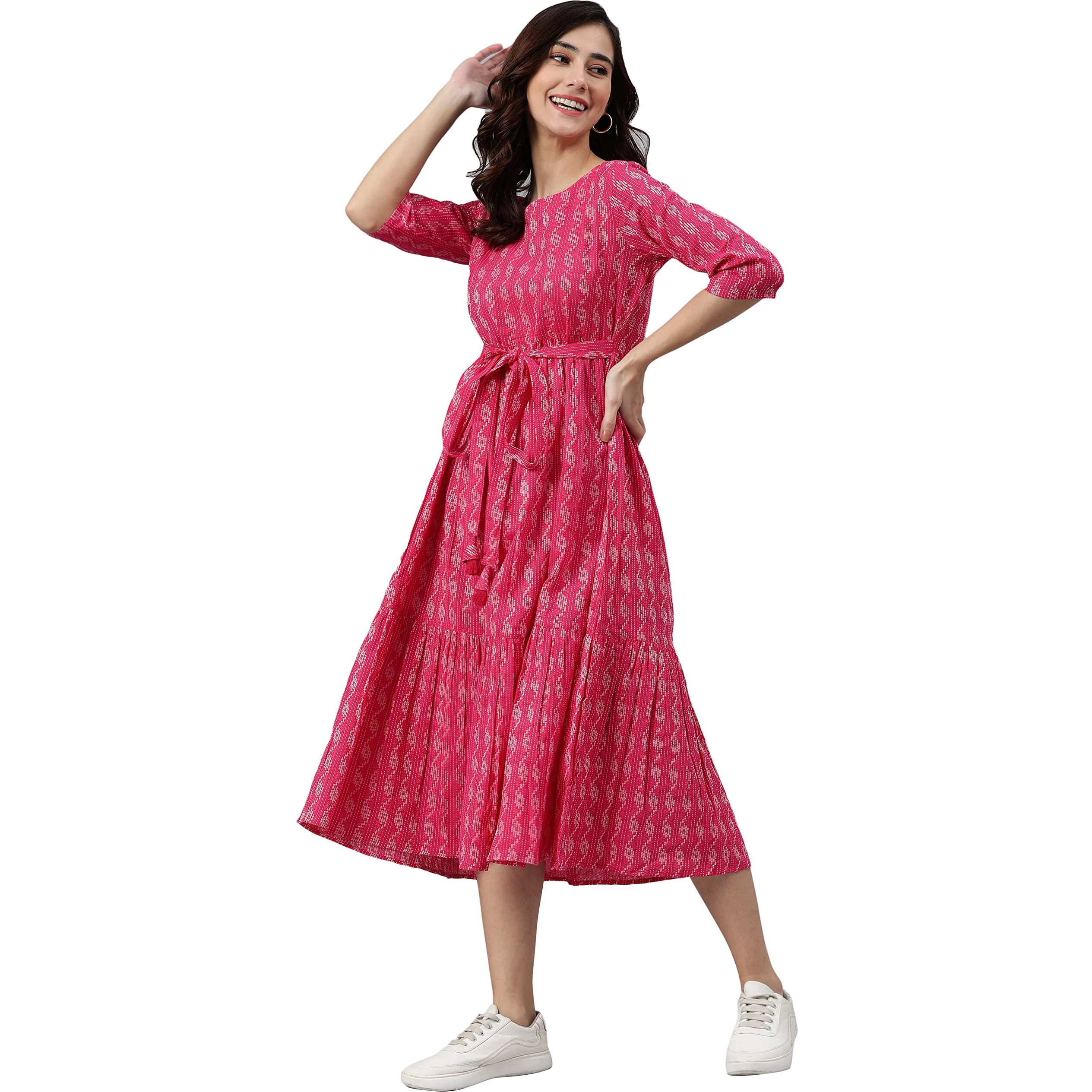 Janasya Women's Pink Pure Cotton Woven Design Tiered Dress(JNE3869-DR-XL)