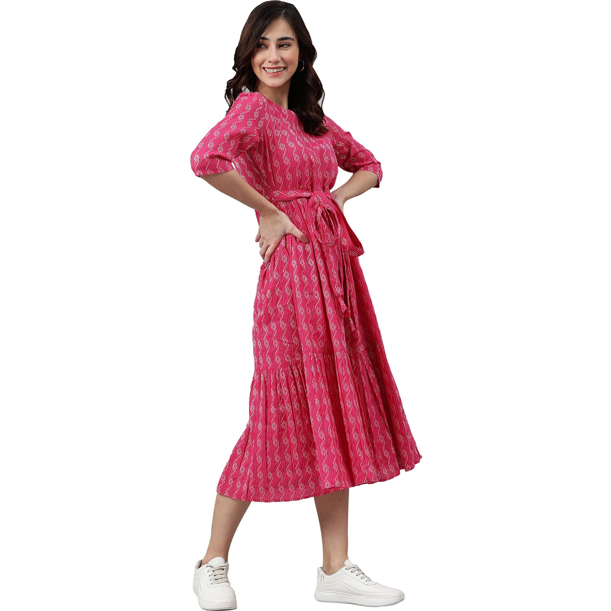 Janasya Women's Pink Pure Cotton Woven Design Tiered Dress(JNE3869-DR-XL)