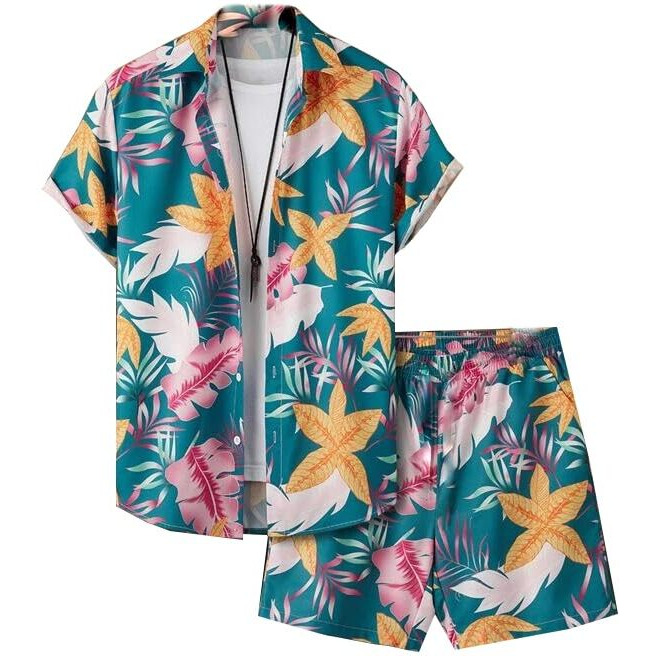 OM SAI LATEST CREATION Unisex Night Dress || Palm Tree & Leaf Printed Soft Rayon Night Wear Set for Men & Women || Pajama Short Night Suit || Vacation || Beach || Summer Wear Set (X-Large, Rama)