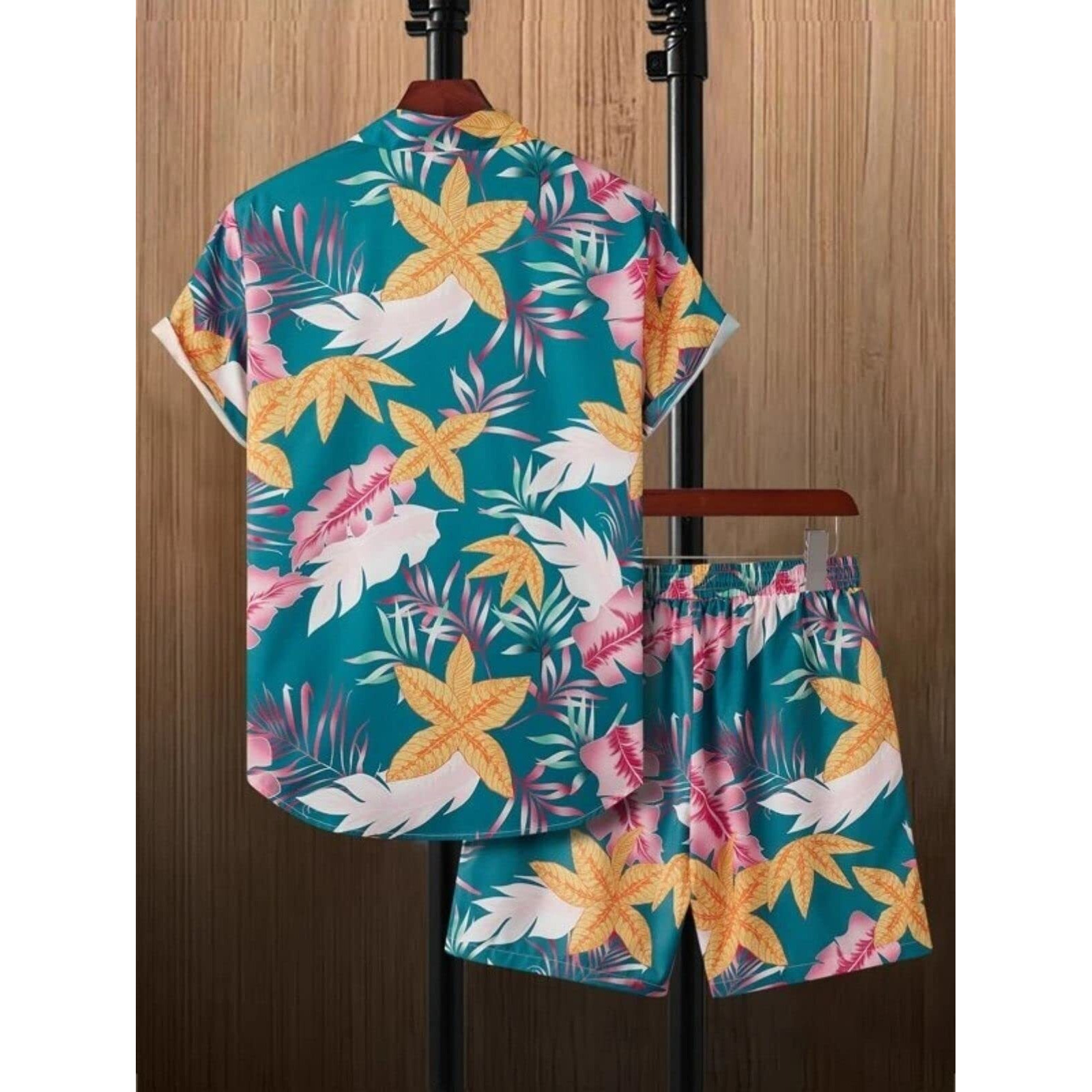 OM SAI LATEST CREATION Unisex Night Dress || Palm Tree & Leaf Printed Soft Rayon Night Wear Set for Men & Women || Pajama Short Night Suit || Vacation || Beach || Summer Wear Set (X-Large, Rama)