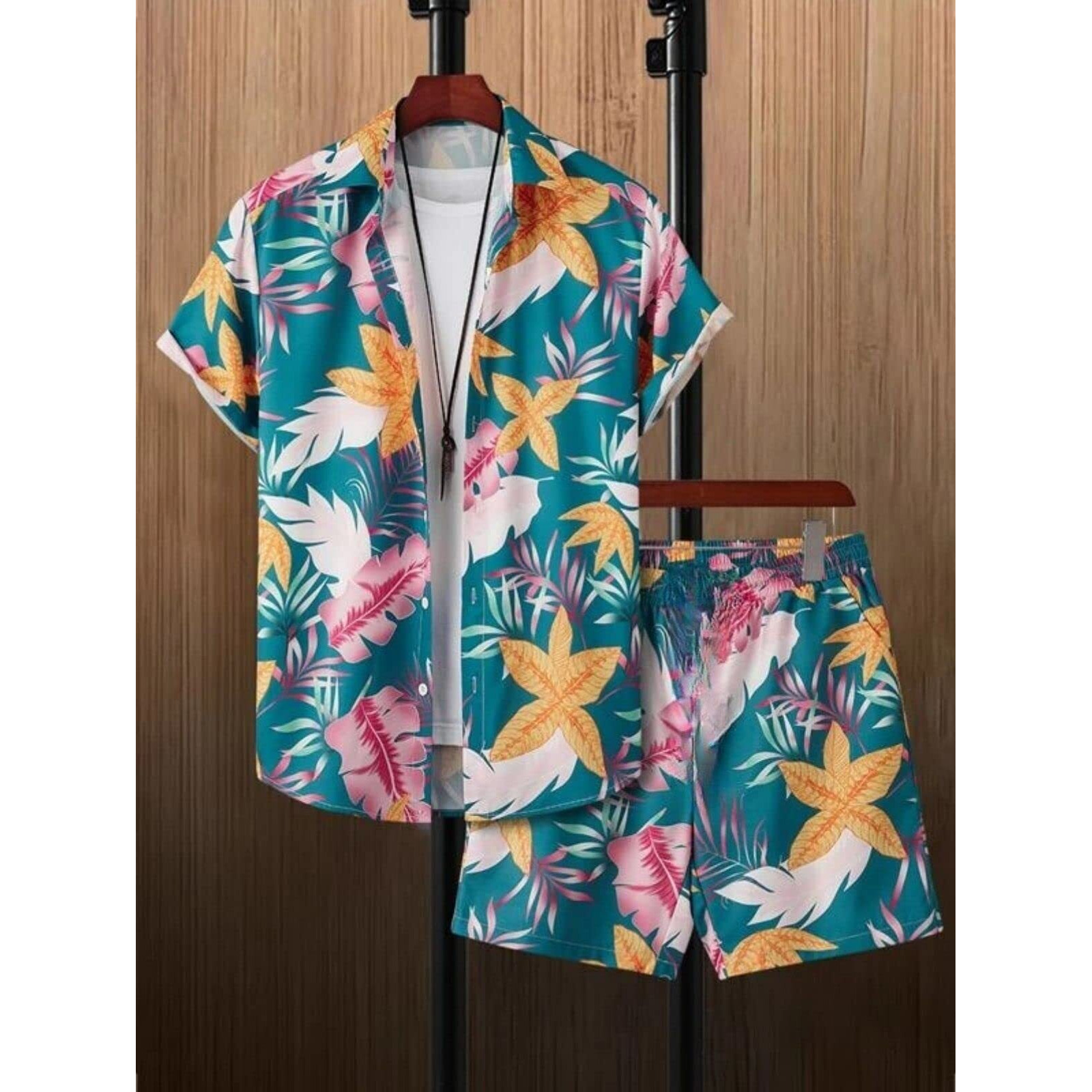 OM SAI LATEST CREATION Unisex Night Dress || Palm Tree & Leaf Printed Soft Rayon Night Wear Set for Men & Women || Pajama Short Night Suit || Vacation || Beach || Summer Wear Set (X-Large, Rama)