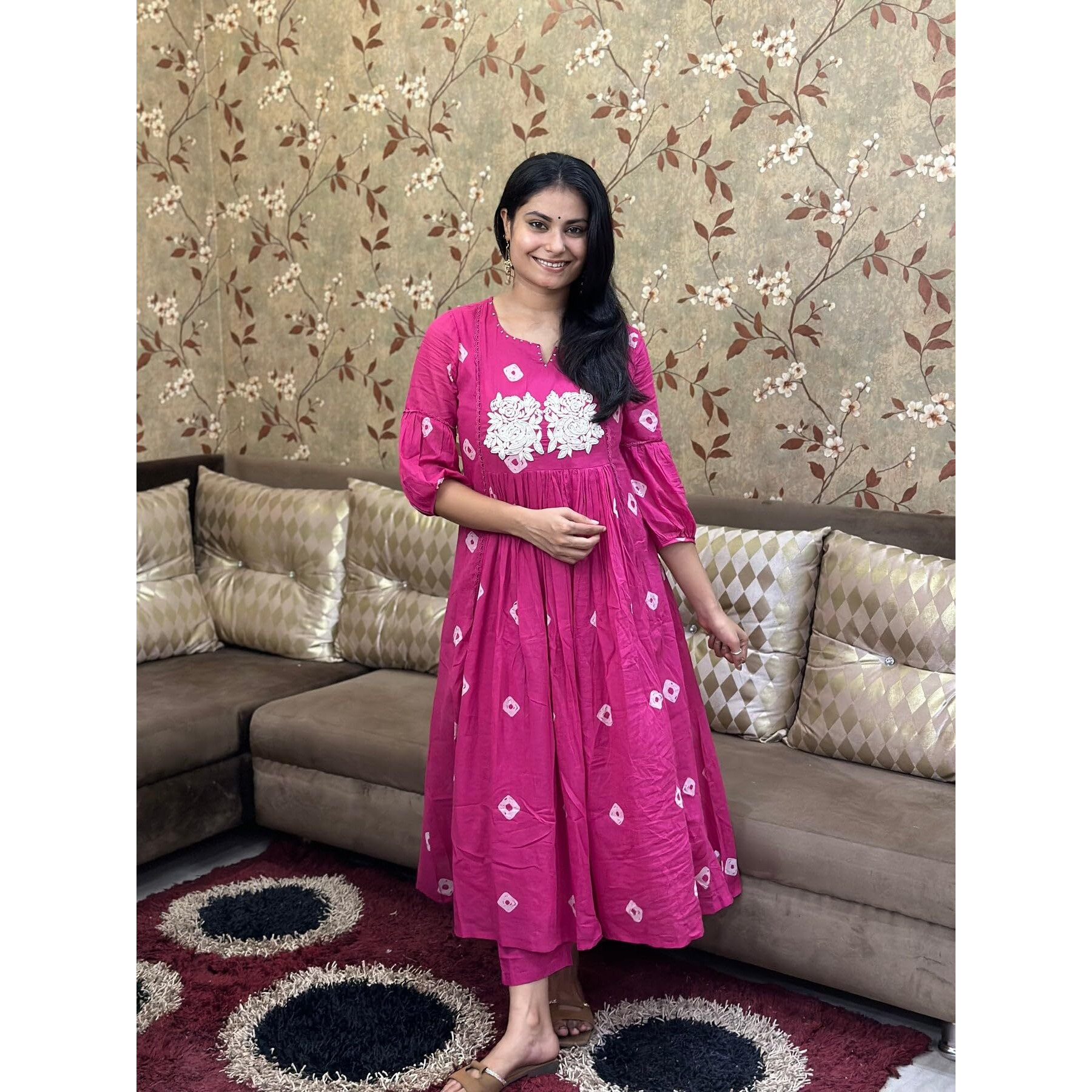 GoSriKi Women's Rayon Blend Anarkali Printed Kurta with Pant (ANVESHI Pink-GS_L_Pink_Large)