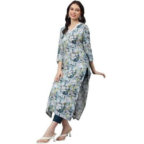 ANNI DESIGNER Women's Cotton Blend Straight Printed Kurta with Pant (SouthZ Blue-NW_L_Blue_Large)