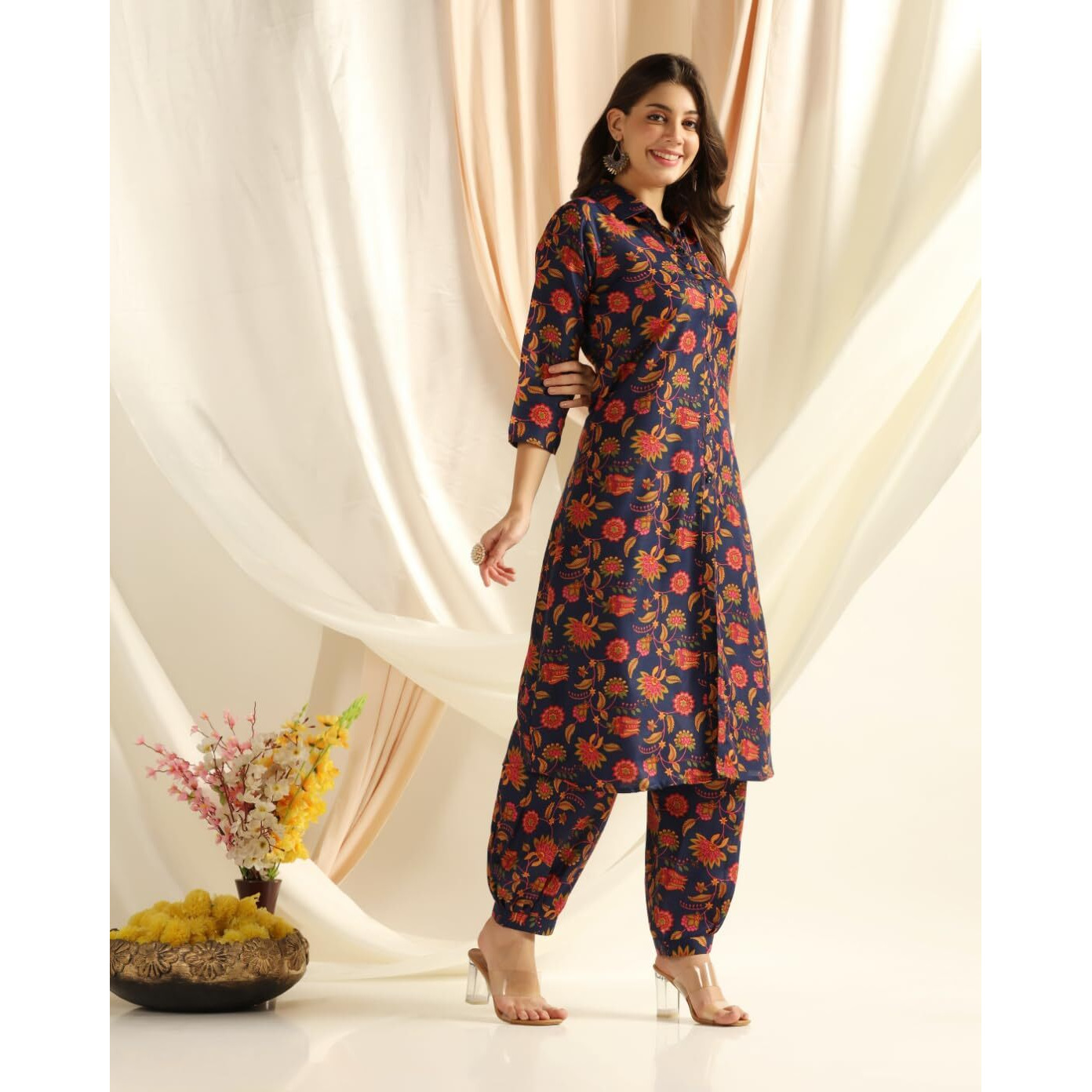 Leriya Fashion Ethnic Co Ord Set |Casual Wear Pant Top Set |Fancy Co-Ord Set | Full Pair Set | Women Kurta Sets Kurtis | Women Kurta Pant Set | Coord Sets for Women (Large, Dark Blue) LF-W1801&TR857