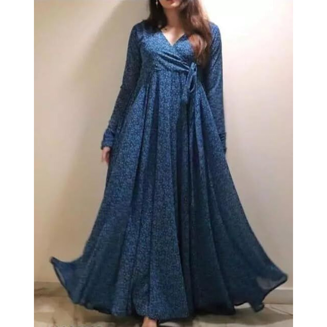 Fashion2wear Women's Blue Color Georgette Long Sleeve Round Neck All Over Print Maxi Length Anarkali XL Stitched Gown for Girls. (Ankita-Blue-XL)