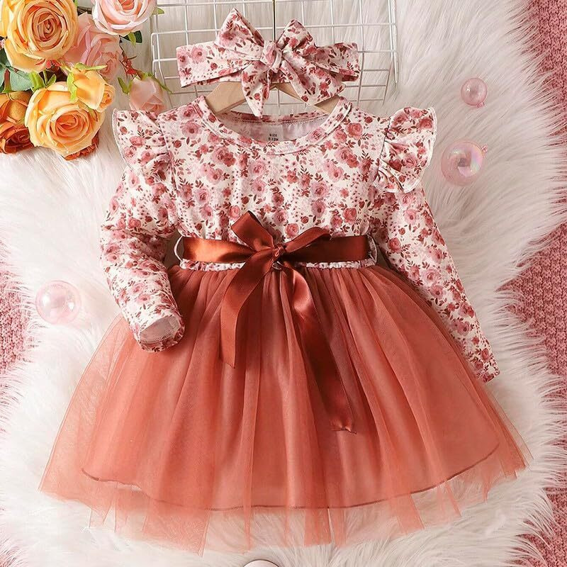 Niren Enterprise Miller Floral Printed Full Sleeve Cotton Baby Frock (Brown Miller, 1-2Y)
